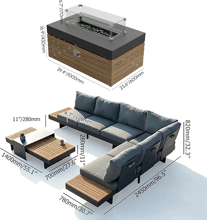 homary Patio Conversation Sets with Fire Pit-Modular Outdoor Sofa Aluminum & Teak Outdoor Sofa Se with Glass Wind Guard Ideal for Patios & Balconies, 6 Pepole