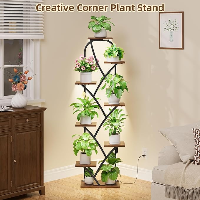 Plant Stand Indoor With Grow Lights - Corner Plant Stand For Indoor Plants, 51" Lighted Plant Shelf Indoor, 8 Tiered Tall Flower Holder, Dsiplay Rack For Living Room, Hallway, Home Décor