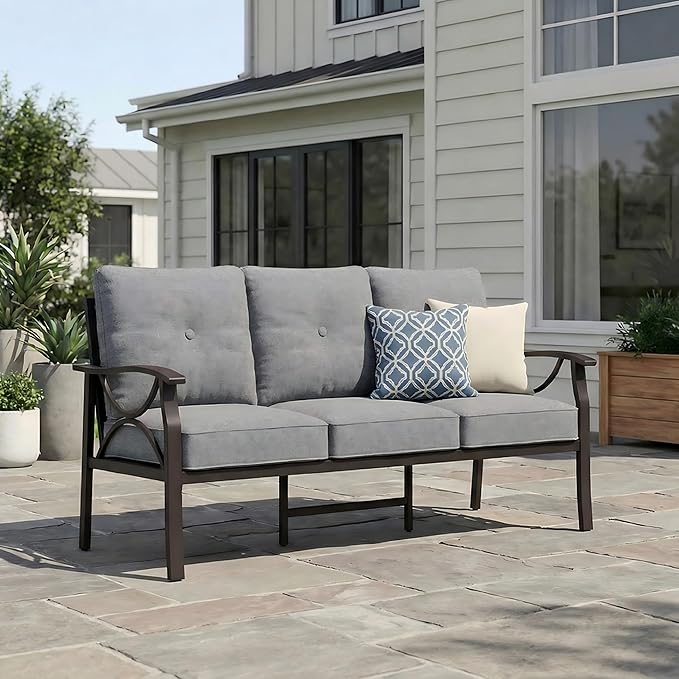 RoyalCraft Patio 3 Seats Sofa, All-Weather Outdoor Couch, Patio Furniture Sofa,Khaki Metal Furniture with Gray Cushions