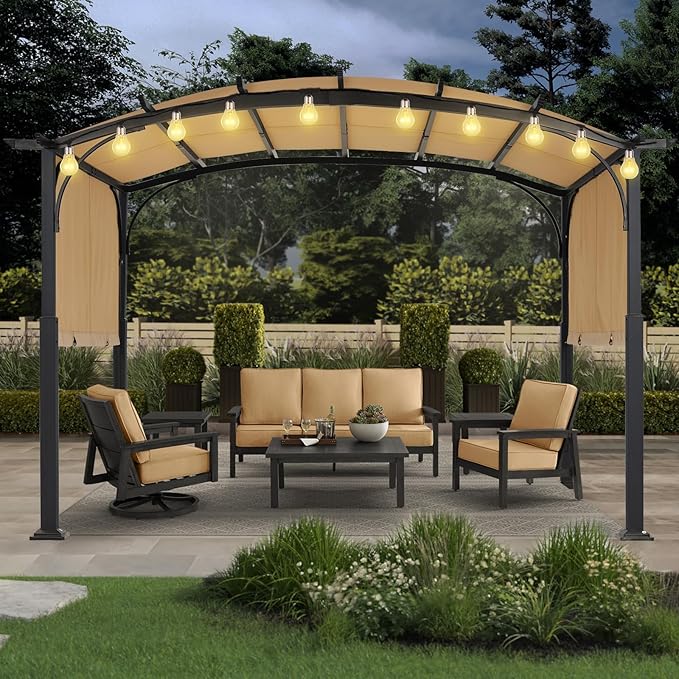 MASTERCANOPY 10x10ft Outdoor Retractable Pergola with Sun Shade Canopy Patio Metal Garden Pergola,Beige