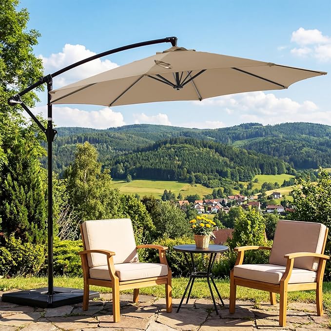 OLIXIS Offset Patio Umbrella, 9.7FT Cantilever Table Umbrellas for Outdoor Sun Shade UV Protection with Easy Tilt Adjustment, 8 Ribs for Backyard, Lawn, Garden, Pool - Khaki