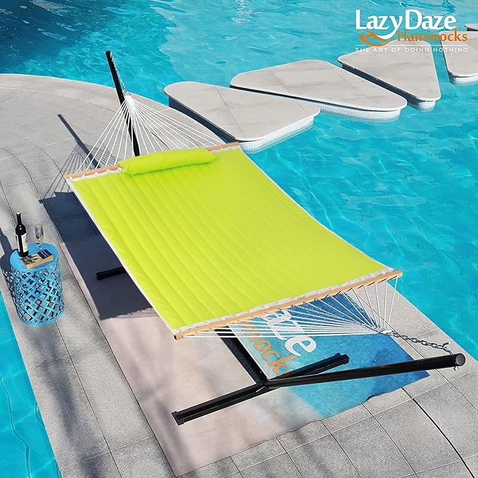 Lazy Daze Hammocks 12 FT Double Quilted Fabric Hammock with Spreader Bar and Detachable Pillow, Two Person Hammocks, 450lbs Weight Capacity (Light Green)