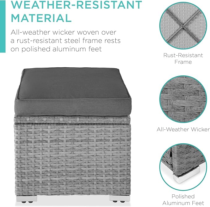 Best Choice Products Set of 2 Wicker Ottomans, Multipurpose Outdoor Furniture for Patio, Backyard, Additional Seating, Footrest, Side Table w/Storage, Removable Cushions - Gray/Gray