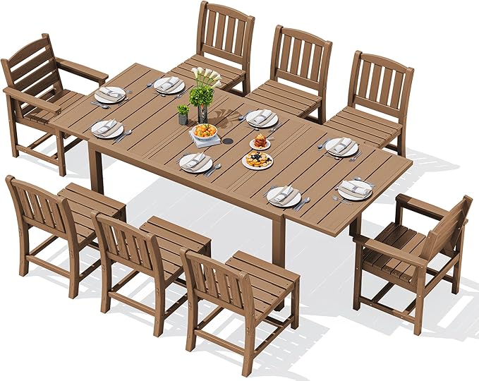 SERWALL 9-Piece Outdoor Dining Set, 60" - 83" Expandable Outdoor Dining Table and 8 HDPE Chairs, All Weather HDPE Outdoor Furniture Set for Backyard, Garden, Brown