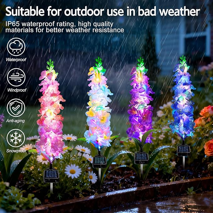 Solar Garden Lights, Solar Delphinium Flowers Lights 4 Pack 80 LEDs, Waterproof Outdoor Light Two Lighting Modes for Outside Wedding Party Garden Yard Patio Lawn Decor