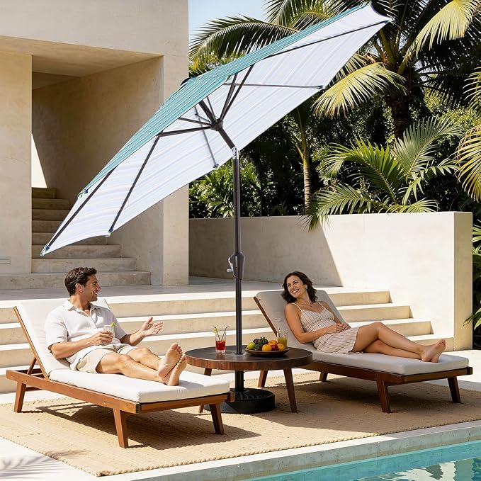MEWAY 9ft Patio Umbrella Outdoor Table Umbrellas with Push Button Tilt and Crank, Market Umbrella 8 Sturdy Ribs for Deck, Garden, Pool and Backyard, Blue Green Stripe