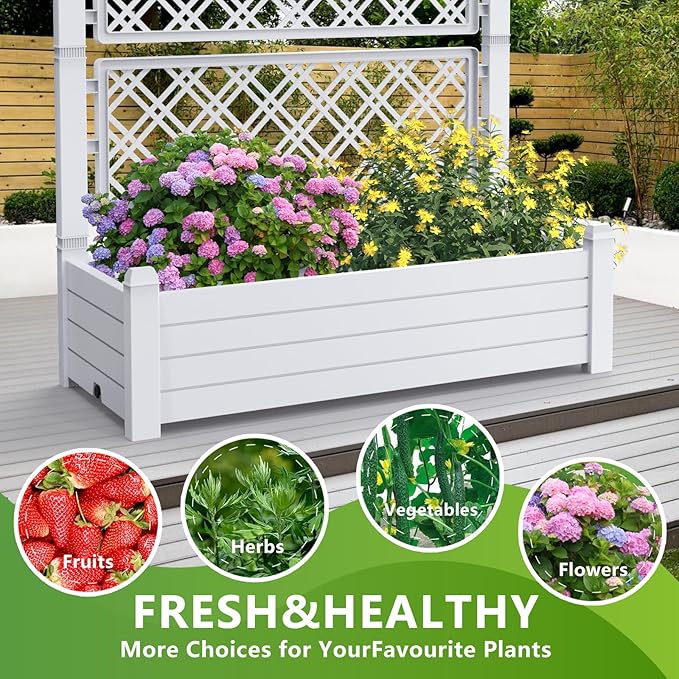 Raised Garden Bed with Trellis for Climbing Plants, 43.43" L x 18.27" W x 59.29" H Planter Box with Self Watering Drainage Holes for Outdoor Backyard Patio Balcony, Anti-Rust Resin (Ashen)