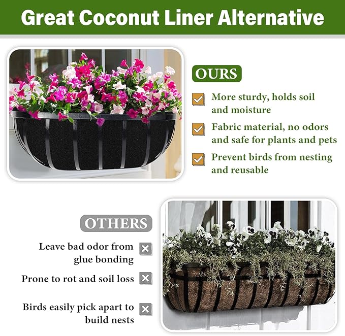 Riare 4 Pack 36 Inch Black Felt Window Box Liners- Fabric Trough Planter Basket Liners Replacement, Non-Woven Hanging Plant Liner for Wall Hanging Basket, Garden Fence Railing (Avoid Bird Nesting)