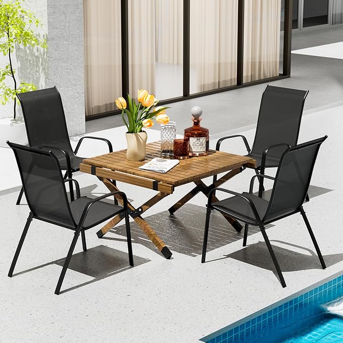 TLSUNNY Patio Chairs, Stackable Textilene Outdoor Dining Furniture for All Weather, with 17.7″ Wide Seat & Metal Frame, for Garden, Backyard, Deck, Restaurant, Poolside (4, Black, 26.4″)