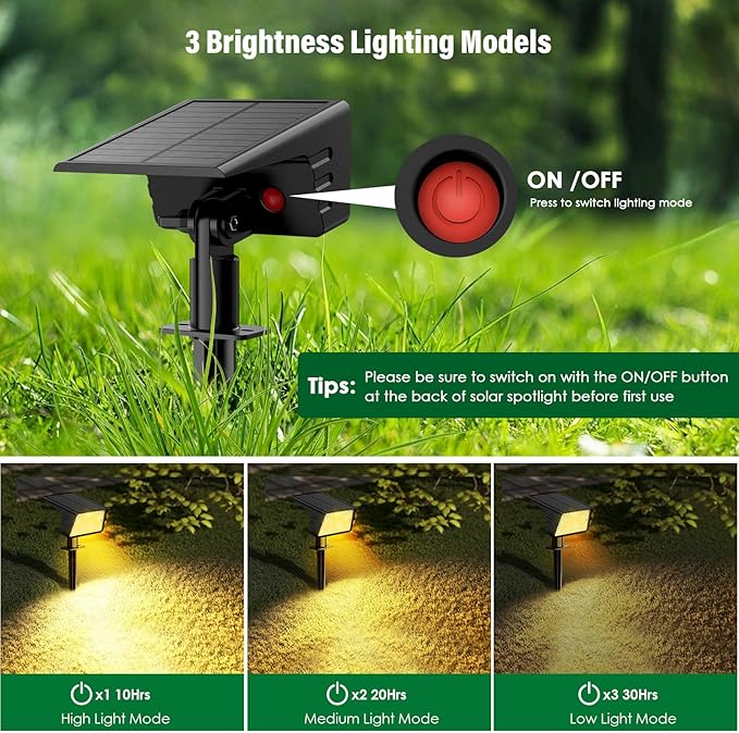 Solar Spot Lights Outdoor with 60 LED & Auto On/Off, 6 Pack Solar Lights Outdoor Waterproof IP68 with 3 Lighting Modes, 2-in-1 Solars Landscape Light for Outside, Garden, Yard(Warm White)