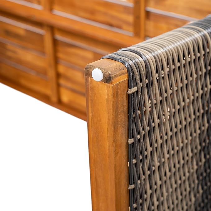 Christopher Knight Home Pasco Acacia Wood Outdoor Dining Table Set for 6, Wicker Patio Dining Set with Acacia Wood Table and Bench, Patio Table and Chair Set with Cushion+Rope Backrest, Teak+Grey