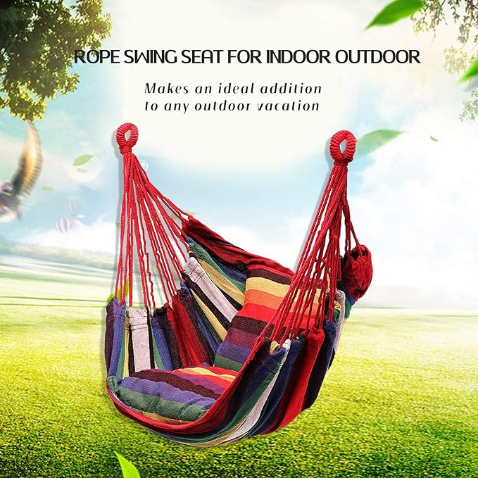Hommtina Hammock Chair Hanging Rope Swing, Max 300 Lbs Hanging Chair with Pocket & Durability Perfect for Outdoor, Home, Bedroom, Patio, Yard (Pillows NOT Included,Colorful)