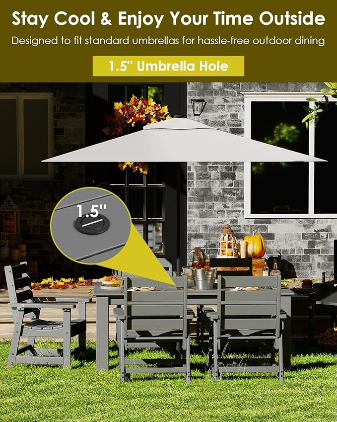 GREENVINES 7-Piece Outdoor Dining Set | HDPE | Patio Table and Chairs Sets for 6 | Patio Furniture | All Weather | Umbrella Hole | Grey | for Backyard Poolside Garden
