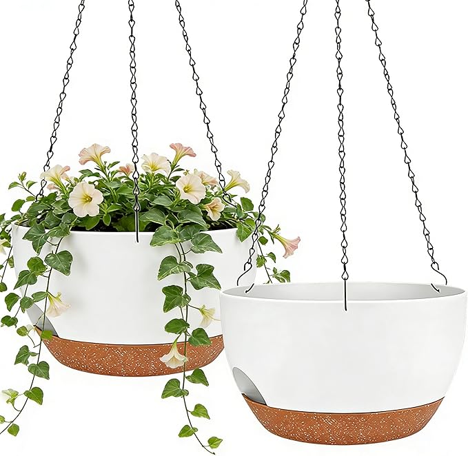 Set of 2-8 Inch Self Watering Hanging Planters for Indoor Outdoor，Hanging Plant Pots with Drainage & Removable Tray, Hanging Pots Holder for Ivy, Pothos, Ferns, Balcony & Patio, White Brown