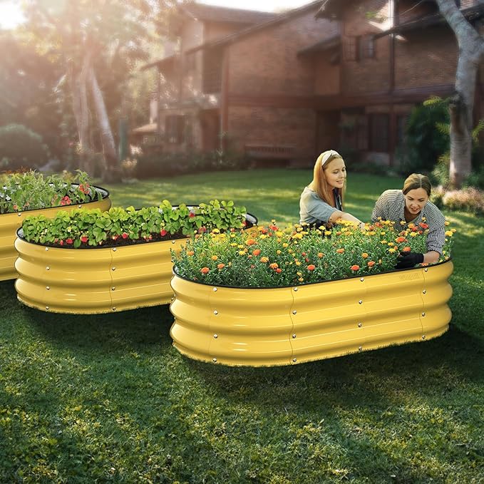 Raised Garden Bed Kit, 4x2x1ft Galvanized Planter Box with Rubber Safety Edging, Metal Garden Beds for Vegetables, Flowers, Herbs, Backyard & Patio (Cream Yellow)