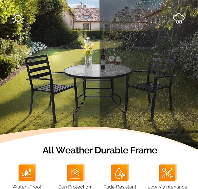 VINGLI Round Patio Table with Umbrella Hole, 40" Outdoor Dining Table Steel Tempered Glass Patio Tables Round Outdoor Tables for Balcony Garden Deck
