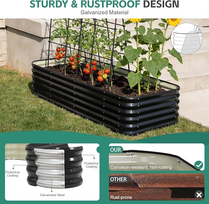 5 in 1Galvanized Raised Garden Bed - 8x3x1.4ft Modular Garden Planter Bed Outdoor | Steel Raised Bed Kit with Bracing Rods, Gloves for Gardening Vegetables Fruits and Flowers (Gray)