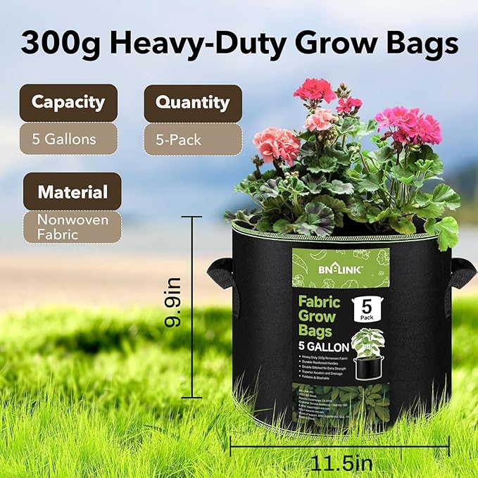 BN-LINK 5-Pack 5 Gallon Grow Bags, Heavy Duty Aeration Fabric Pots with Handles, Thickened Nonwoven Plant Bags for Vegetables, Flowers, Fruits