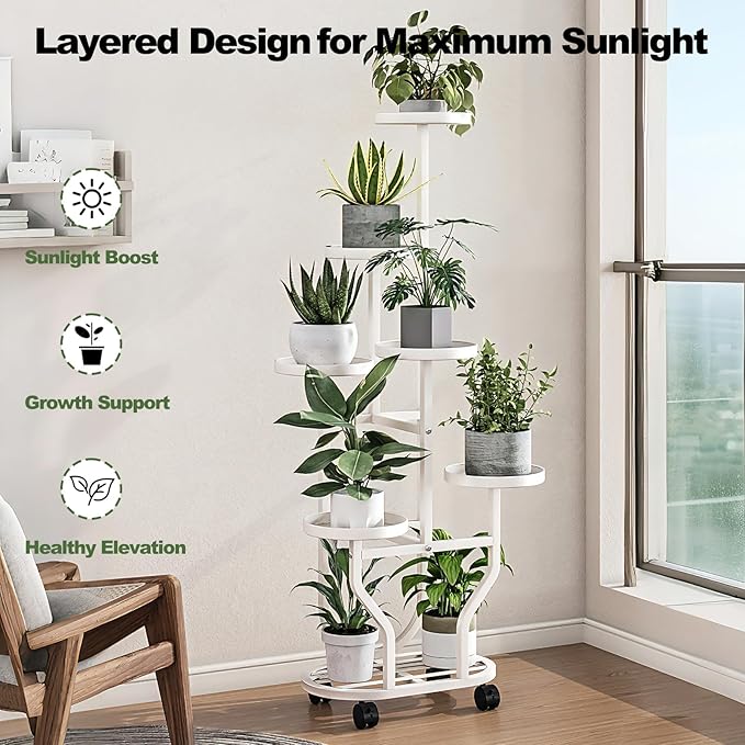 Plant Stand with Wheels 6 Tier Metal Flower Shelf for Indoor Outdoor Corner Multiple Plants Holder Rack for Bedroom Living Room Garden Balcony Yard White (White, 6 Tier)