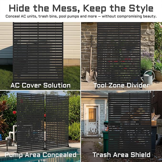 72" H Metal Outdoor Privacy Screen – Freestanding Rustproof Louvered Fence Panel for Patio, Garden, Balcony, AC Unit Cover, Trash Can, Modern Decorative Divider