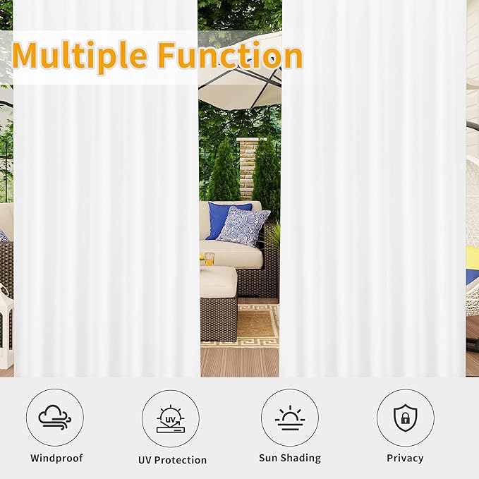 Easy-Going Outdoor Patio Curtains Detachable Tab Top Windproof Weatherproof Curtain for Cabana, Porch, Pergola and Gazebo, Tab Bottom Drape, 2 Panels, 54W x 96L inch, White
