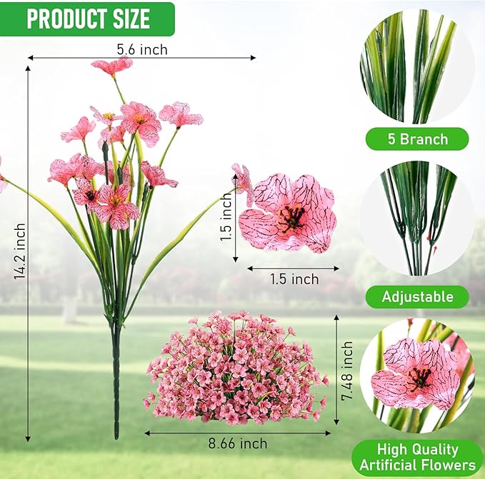 22 Pack Artificial Flowers Outdoor Fake Plants, Faux Flowers UV Resistant with Plastic Plants, Faux Silk Flowers for Outdoors Outside Front Porch Hanging Planter Window Box Garden Decoration(Pink)
