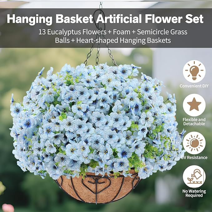 Artificial Hanging Flower for Outdoors, Fake Hanging Basket for Outside,1 Hanging Basket with 13 Pcs Faux Silk Flowers for Porch, Balcony and Patio Decor(Blue)