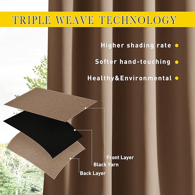 NICETOWN 2 Panels Blackout Patio Waterproof Outdoor Curtains, Thermal Insulated Top & Bottom Grommet & Back Tab Windproof Light Block Drapes Privacy for Pergola with Fixed Ropes, W46 x L80, Tan-Khaki