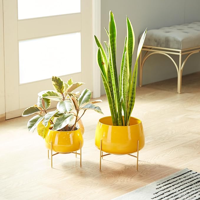 Deco 79 Metal Indoor Outdoor Planter Small Planter Pot with Removable Stand, Set of 2 Planters 8", 10"H, Yellow