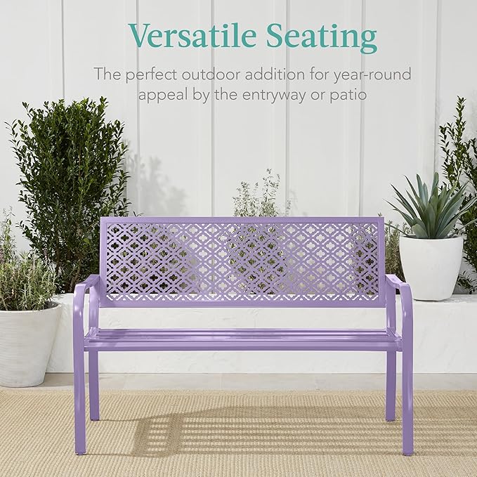 Best Choice Products Outdoor Bench 2-Person Metal Steel Benches Furniture for Garden, Patio, Porch, Entryway w/Geometric Backrest, 790lb Capacity - Lavender