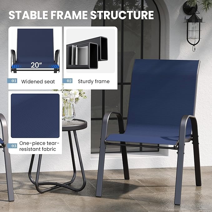 Patio Table and Chairs Set - 3 Piece Outdoor Stackable Dinging Chairs for All Weather,Breathable Garden Furniture for Deck Garden Backyard (Navy Blue)