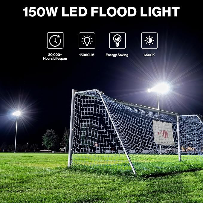 Olafus 2 Pack 150W LED Flood Light Outdoor, 15000LM Super Bright Work Lights Plug in, 6500K, IP66 Waterproof Exterior Floodlight for Stadium Yard Barn