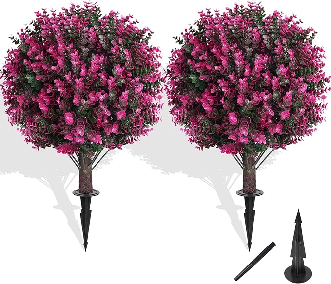 Artificial Topiary Tree with Pink Eucalyptus, Set of 2 Artificial Shrub Bushes with Ground Spike, Fake Evergreen Tree for Porch, Artificial Plants for Outdoor Planters Indoor UV Resist