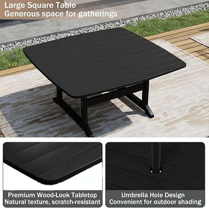 Outdoor Dining Set, HDPE 9-Piece Patio Table and Chairs Set, All-Weather Outdoor Dining Table Set for 8 with Umbrella Hole, Durable Patio Furniture Set with Chairs,Black