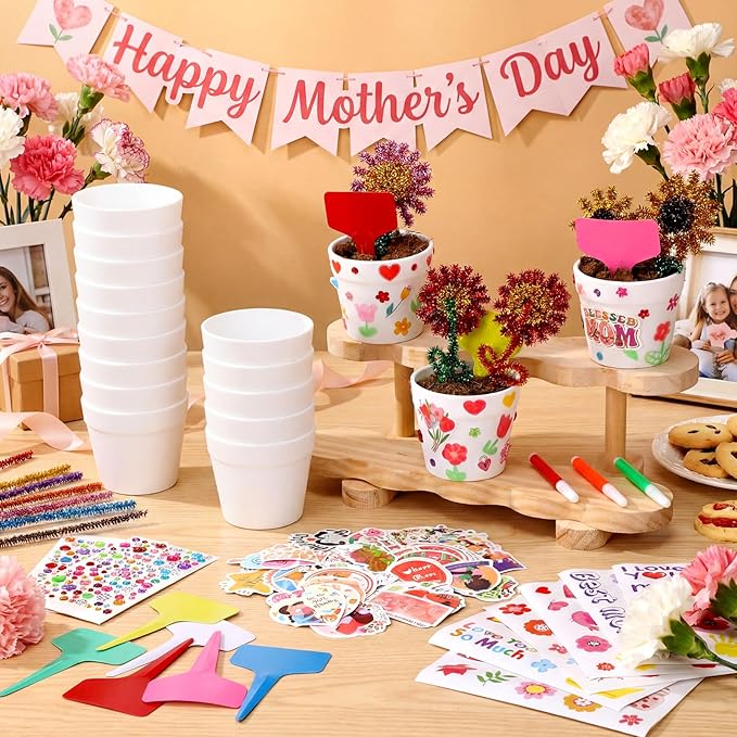 Funnymoom 48 Set Paintable Flower Pot Craft Kit DIY Spring Pots Craft for Mom with Watercolor, Pen Stickers, Plant Labels Garden Growing Kits for Spring Mother's Day Fun Activity