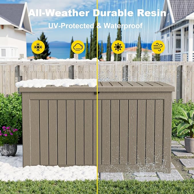 ROJIK Outdoor Storage Housing Deck Box - Waterproof Patio Furniture, Garden Tools, Cushions, Pool Accessories Storage Bench with Lockable Lid and Side Handles (Grey 238 Gal)
