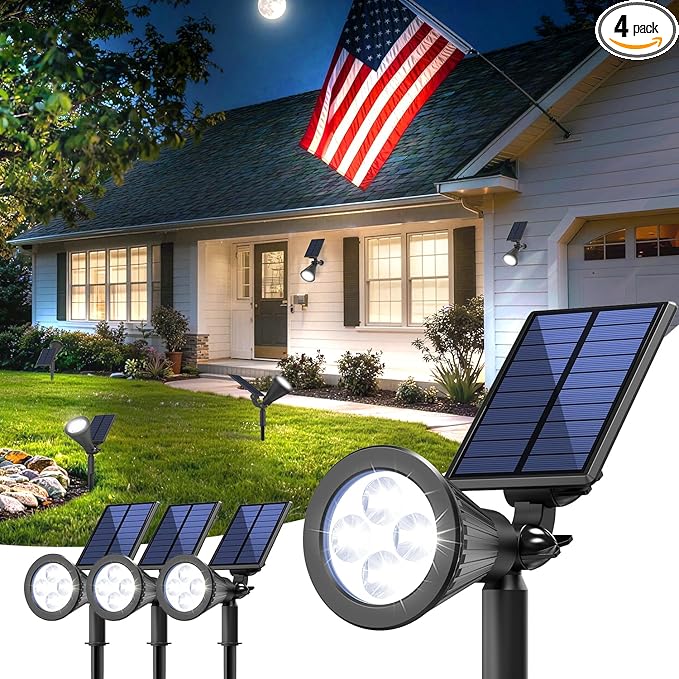 Solar Lights Outdoor Waterproof IP65,6500K Super Bright LED,2 Lighting Modes, Solar Powered Yard Garden Solar Spot Lights for Flag Landscape Auto On/Off-4 Pack