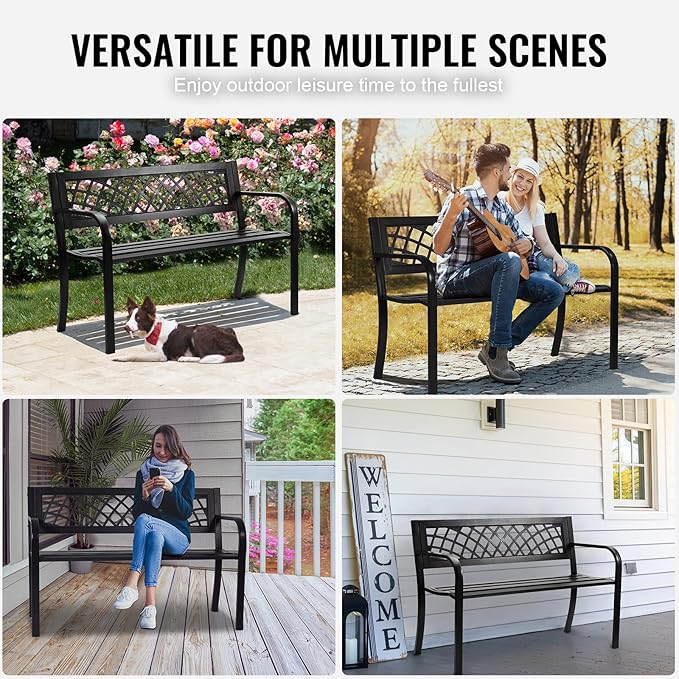 VEVOR Outdoor Bench, 46" Iron Steel Frame Garden Park Bench with Mesh Pattern and Plastic Backrest Armrests, Patio Bench for Garden, Park, Yard, Front Porch