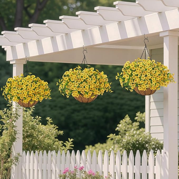 Artificial Faux Hanging Mums Plants Flowers Basket for Outdoors Summer Autumn Decoration,Hanging Planters with Fake Silk Daisy UV Resistant Realistic for Outside Porch Patio Balcony Garden Home Yellow