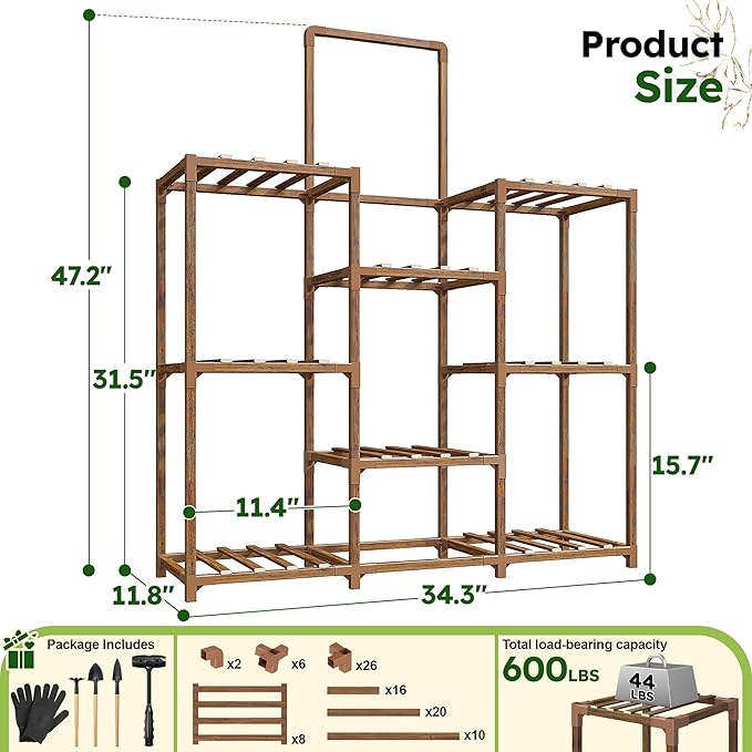 EnHomee Plant Stand Indoor Large Plant Stand Outdoor 5 Tiers Wood Tiered Plants Shelf for Multiple Plants with 10-15 Potted for Living Room Patio Balcony Yard Garden 34.3" W x 11.8" D x 47.2" H
