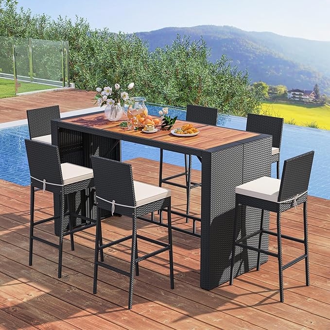 COSTWAY 7 PCS Patio Rattan Wicker Bar Set, 30'' Bar Height Chairs with Back, Footrest and Cushion, Outdoor Table with Wooden Top for Backyard Garden Deck