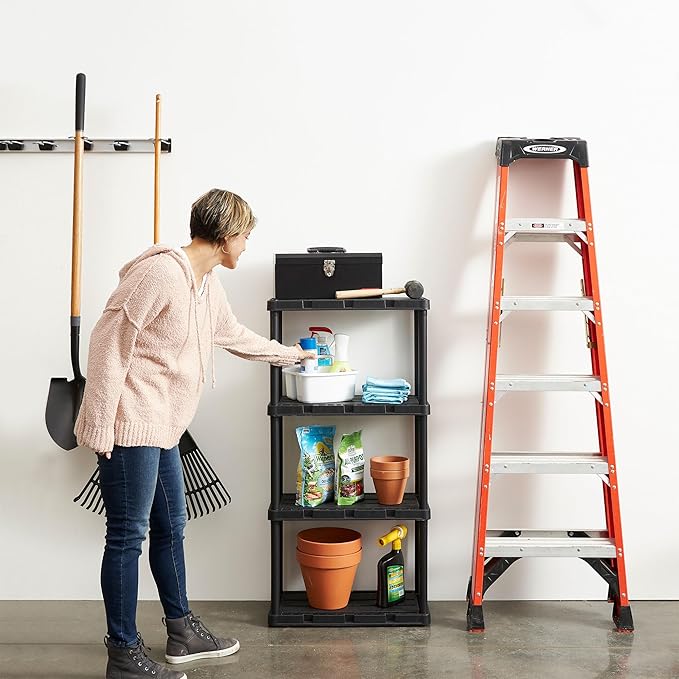 Gracious Living Light Duty Storage Shelves, Knect-A-Shelf 4-Shelf Ventilated Shelving Rack Organizer for Home, Garage, Basement & Laundry, Black