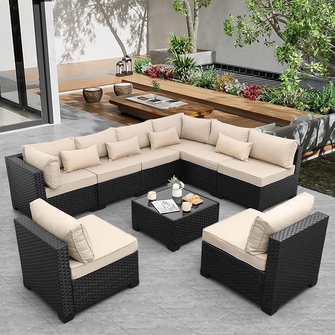 9 Pieces Outdoor Sectional All-Weather Wicker Patio Furniture Set Patio Sectional Glass Patio Table Non-Slip Cushions and Waterproof Covers, Khaki