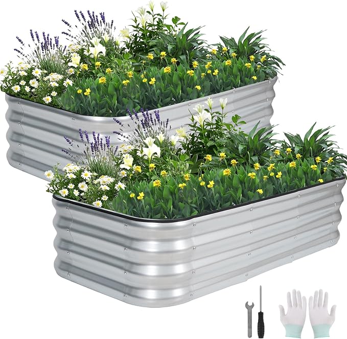 3 in 1 Galvanized Raised Garden Bed - 4x2x1ft (2Packs) Modular Planter Box Outdoor | Metal Raised Bed Kit with Bracing Rods for Gardening Vegetables Flowers Fruits Herbs (Silver)