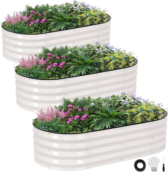 INNO STAGE 3Pcs Galvanized Raised Garden Bed Kit, Outdoor Metal Raised Garden Beds for Vegetables, Rust-Resistant & Easy Assembly, 4x2x1ft Oval Raised beds for Gardening, Flowers, Herbs (White)