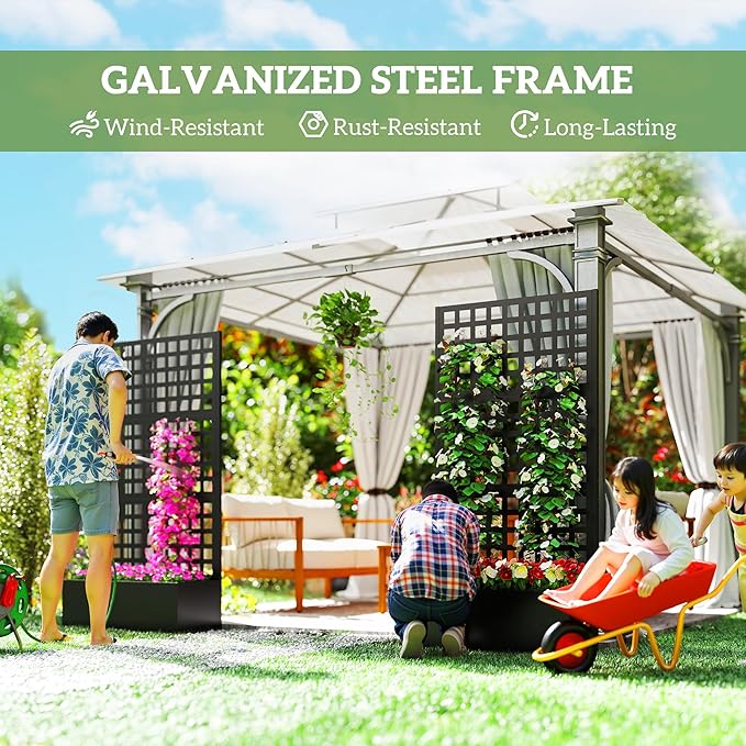 Outsunny Galvanized Raised Garden Bed with Trellis, Metal Planter Box with Drainage Holes, Outdoor Privacy Screen for Climbing Plants, Vegetable, Vines, 35" x 16" x 70", Black