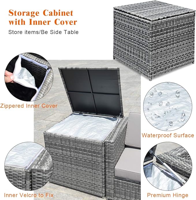 Tangkula 8 Pieces Wicker Patio Furniture Set with Storage Deck Box, PE Rattan Outdoor Sectional Sofa Conversation Set with Coffee Table & Cushions, Outside Furniture for Garden Yard Poolside (White)
