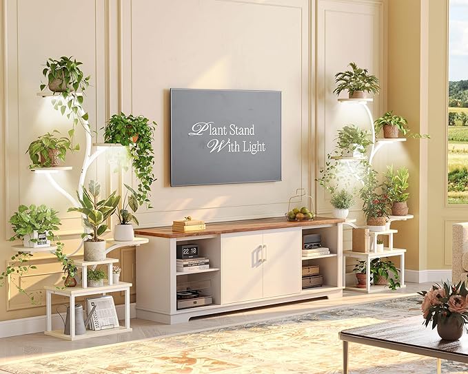 PRAISUN 51 Inch Plant Stand with Grow Lights, 8 Tiered Indoor Plant Shelf with Larger Flower Holder, Curved-tubed Design, 3 Light Modes, Corner Plant Rack for Living Room, Oak