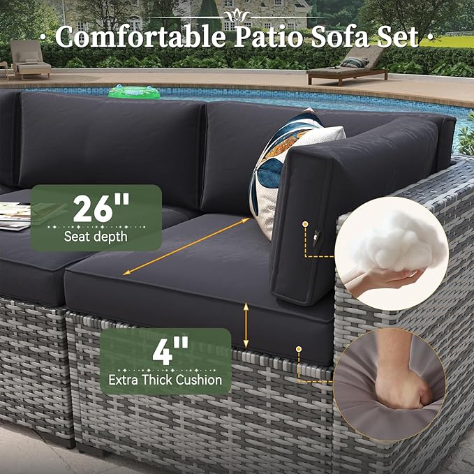 Aoxun 8 Piece Patio Furniture Set with 44'' Fire Pit Table Wicker Rattan Patio Conversation Set Outdoor Sectional Sofa Set with Coffee Table, Grey/Black (Waterproof Cover Included)