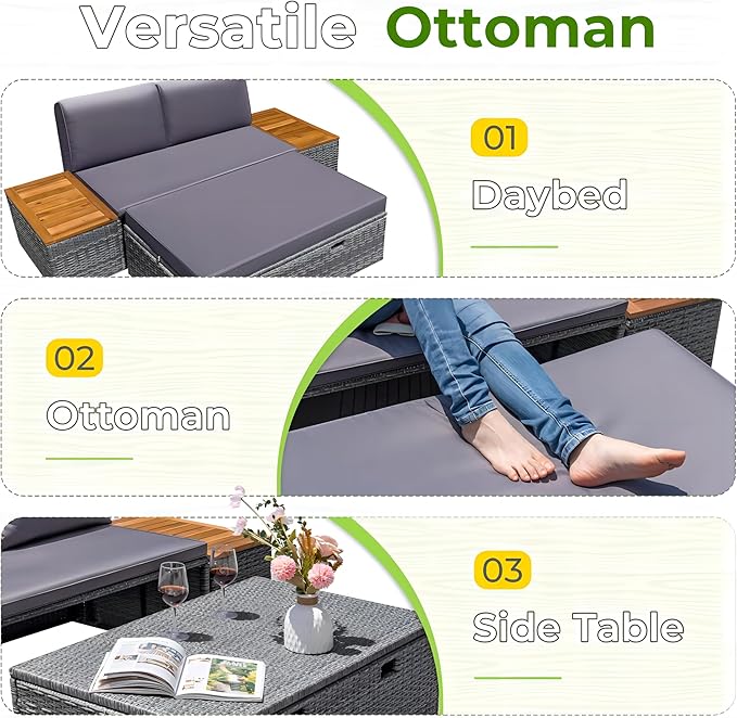 Greesum Outdoor Daybed Set Multifunctional Wicker Lounge Bed Furniture with Two Side Tables, Cushions, Storage Bench for Porch Lawn Patio Beach, OneSize, Gray